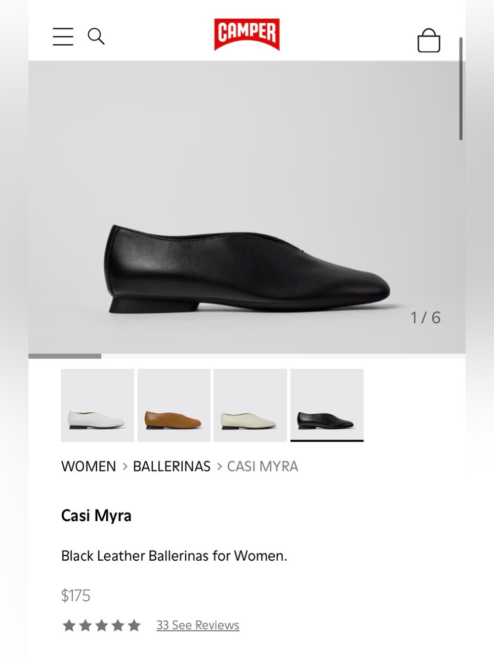 Camper Casi Myra Black Leather Ballerina Flats Sz 40 - Worn once!